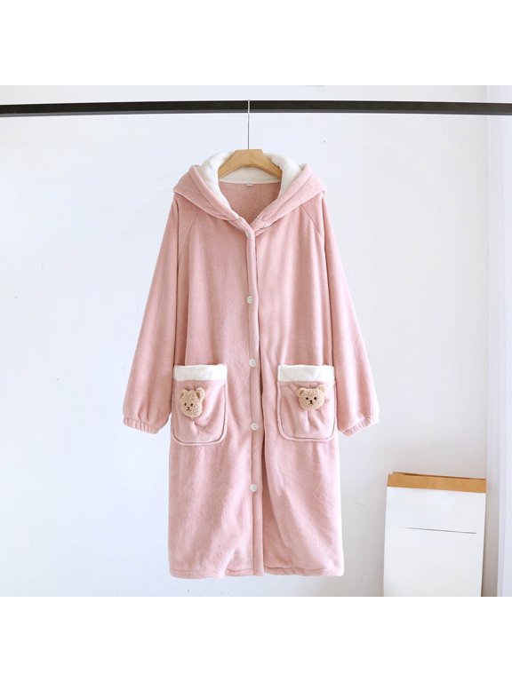 Women's Teddy Bear Hooded Robe Plush Fleece Bathrobe with Pocket, Cozy Button Front Loungewear for Fall Winter, Pink