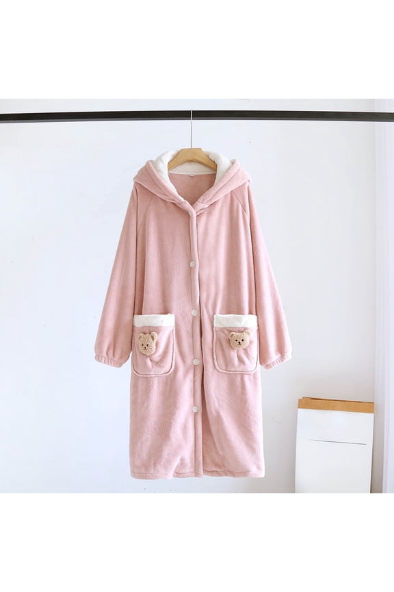 Women's Teddy Bear Hooded Robe Plush Fleece Bathrobe with Pocket, Cozy Button Front Loungewear for Fall Winter, Pink