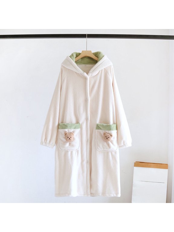 Women's Teddy Bear Hooded Robe Plush Fleece Bathrobe with Pocket, Cozy Button Front Loungewear for Fall Winter, White