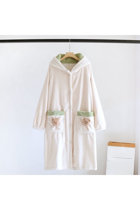 Women's Teddy Bear Hooded Robe Plush Fleece Bathrobe with Pocket, Cozy Button Front Loungewear for Fall Winter, White