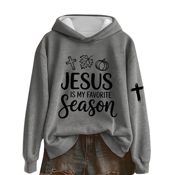 SwiftWear Women's Thanksgiving Jesus Hoodie Fall Graphic Print Pullover Sweatshirt with Cross Motif, Oversize Casual Hooded Tops Gray
