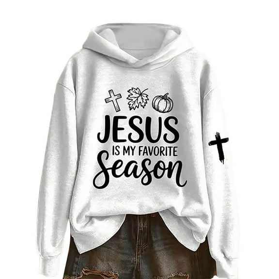 SwiftWear Women's Thanksgiving Jesus Hoodie Fall Graphic Print Pullover Sweatshirt with Cross Motif, Oversize Casual Hooded Tops White
