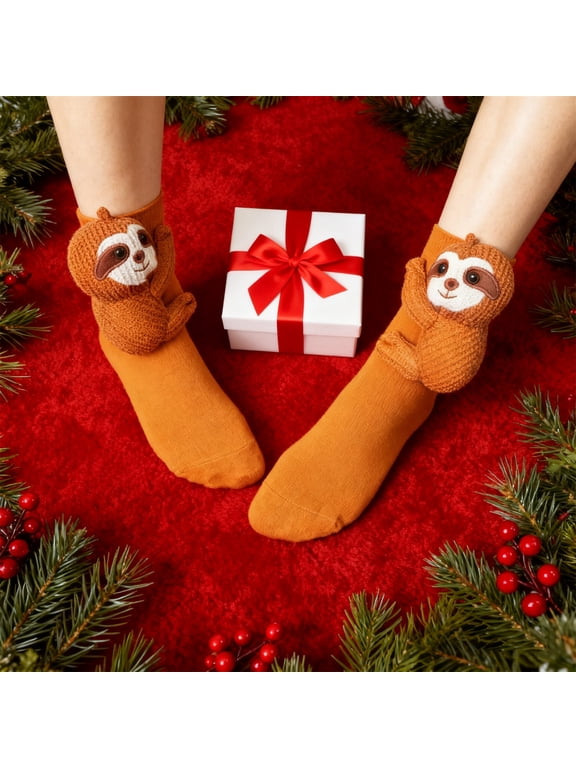 Women's Thick Knit Warm Carpet Socks Winter Holiday Xmas Funny 3D Animals Novelty Slipper Socks for Christmas Birthday Gifts, Sloth