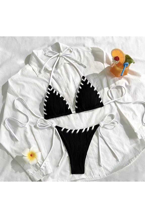 Women's Triangle Bikini Set High Cut Adjustable Tie-Side Cheeky Bottoms Halter Two Piece Swimsuits for Beach