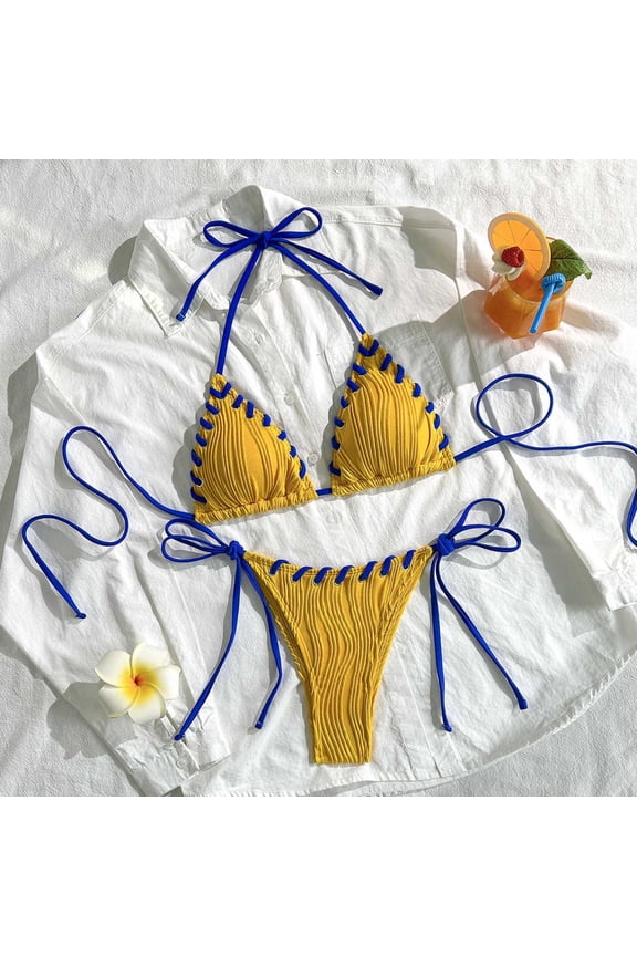 Women's Triangle Bikini Set High Cut Adjustable Tie-Side Cheeky Bottoms Halter Two Piece Swimsuits for Beach