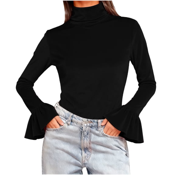 SwiftWear Women's Turtleneck Top Bell Sleeves Slim Fit Flared Cuff Long Sleeve Shirt Elegant Fashion Velvet Blouse Casual Black