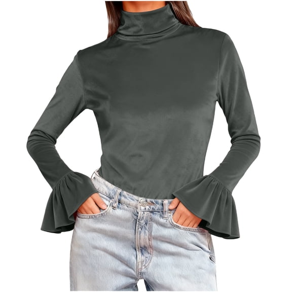 SwiftWear Women's Turtleneck Top Bell Sleeves Slim Fit Flared Cuff Long Sleeve Shirt Elegant Fashion Velvet Blouse Casual Gray