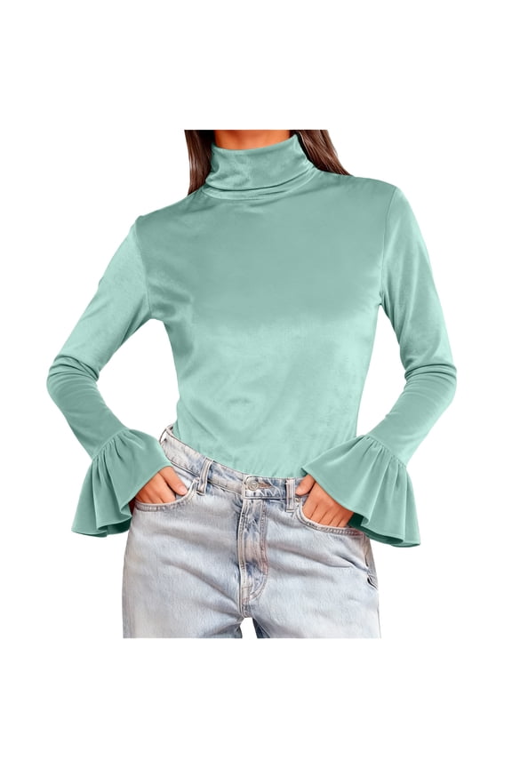 Women's Turtleneck Top Bell Sleeves Slim Fit Flared Cuff Long Sleeve Shirt Elegant Fashion Velvet Blouse Casual Mint Green