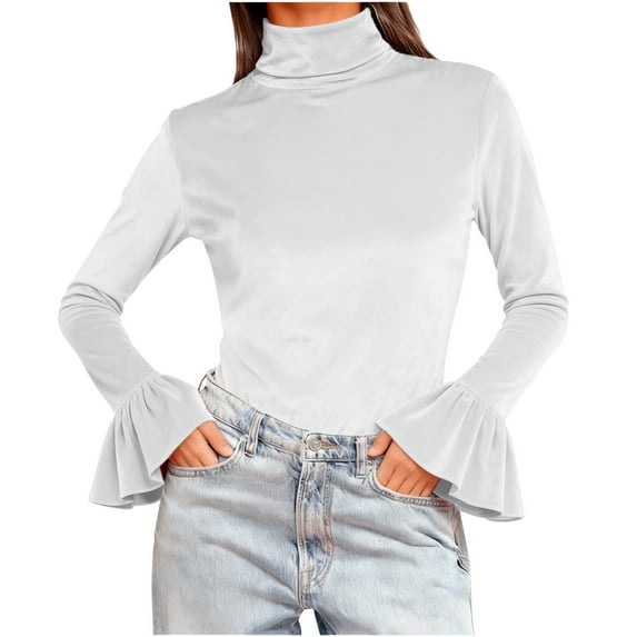 SwiftWear Women's Turtleneck Top Bell Sleeves Slim Fit Flared Cuff Long Sleeve Shirt Elegant Fashion Velvet Blouse Casual White