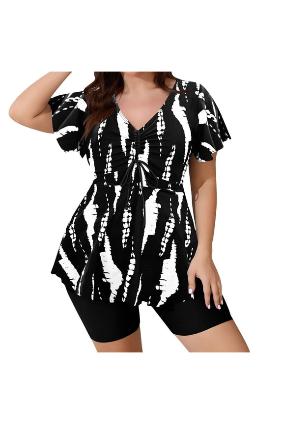 Women's Two Piece Rash Guard Short Sleeve Swim Shirts Built in Bra Plus Size Swimsuit with Boyshorts