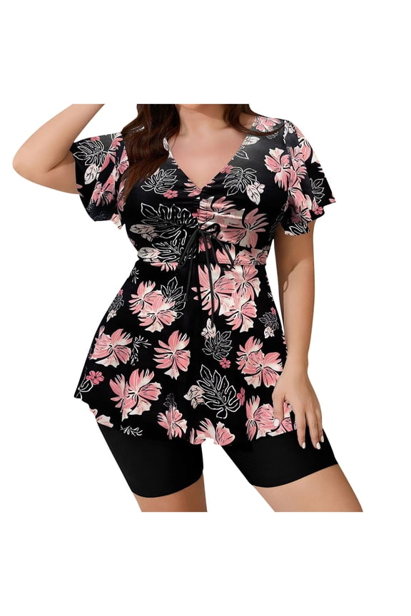 Women's Two Piece Rash Guard Short Sleeve Swim Shirts Built in Bra Plus Size Swimsuit with Boyshorts
