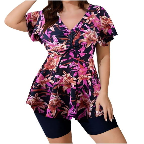 SwiftWear Women's Two Piece Rash Guard Short Sleeve Swim Shirts Built in Bra Plus Size Swimsuit with Boyshorts