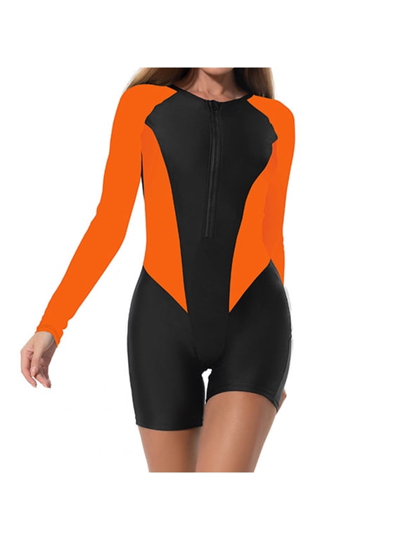 Women's UPF 50+ Long Sleeve One Piece Swimsuit Full Coverage Rash Guard with Front Zipper for Surfing, Sun Protection, Beach & Pool Activities