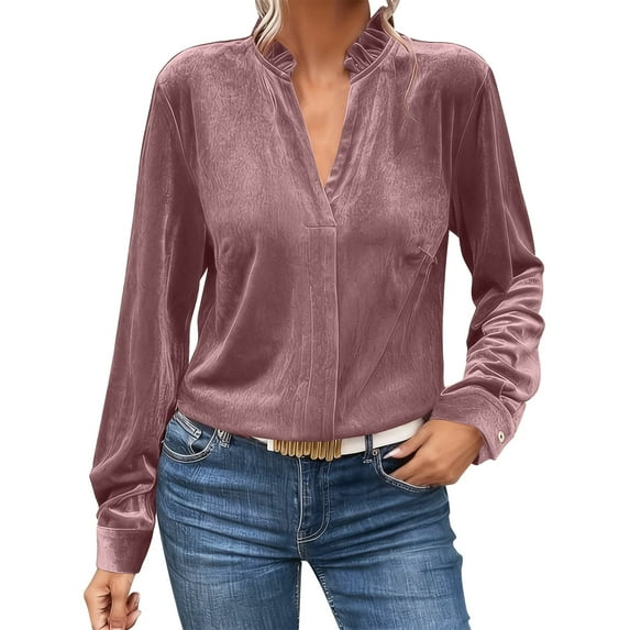 SwiftWear Women's V-Neck Blouse with Flounce Collar, Long Sleeve Business Casual Top Elegant Work Office Shirt Pink