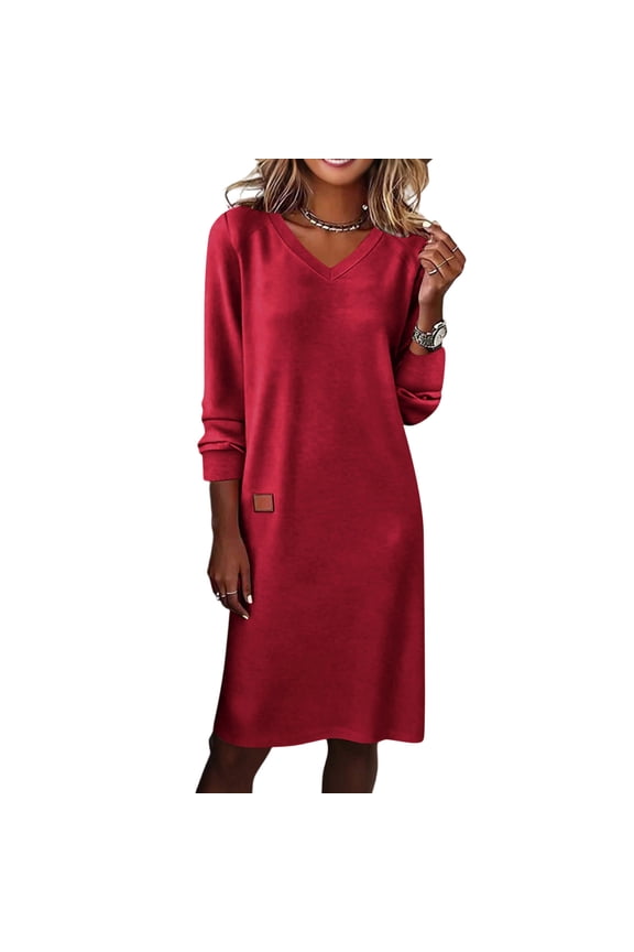 Women's V-Neck Bodycon Midi Dress Long Sleeve Work Casual Sweatshirt Dresses Slim Fit Office to Evening Dress, Red