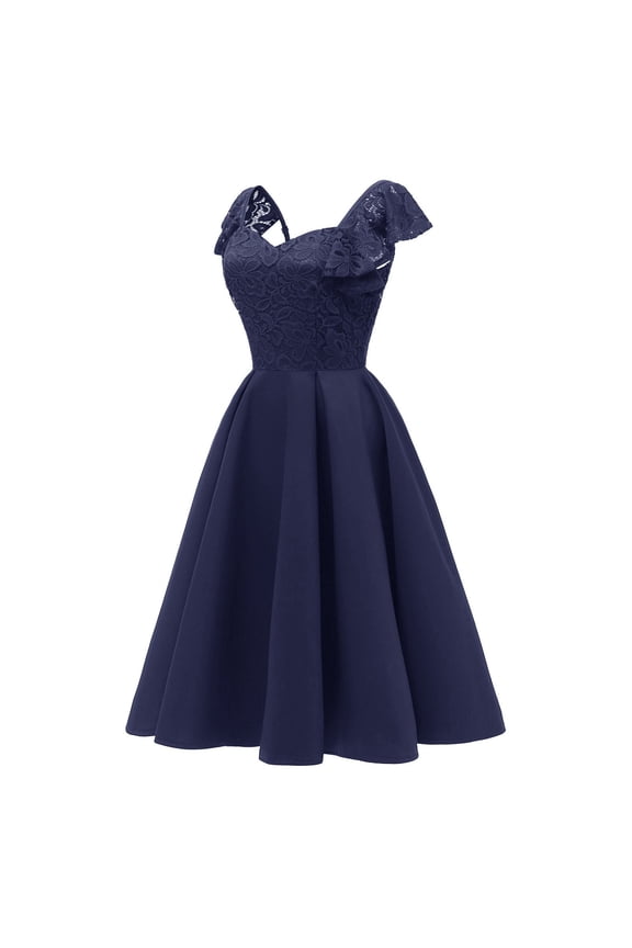 Women's V-Neck Butterfly Sleeve Lace Trim Dresses Elegant A-Line Formal Gown Evening Dress for Wedding, Party & Special Occasions​, Blue
