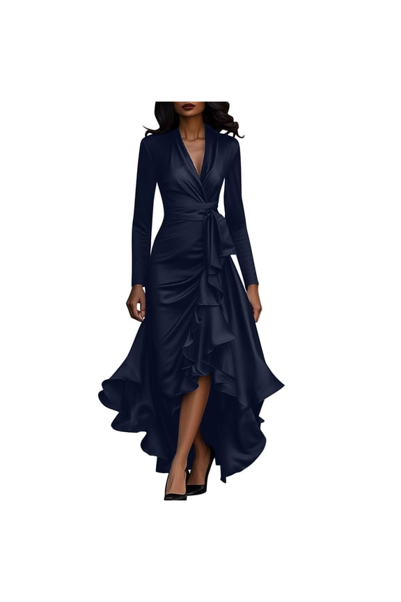Women’s V-Neck Evening Dress with High Low Asymmetrical Hem, Sash Tie Waist Long Sleeve Gown Elegant Ruffled Prom Party Dresses, Navy