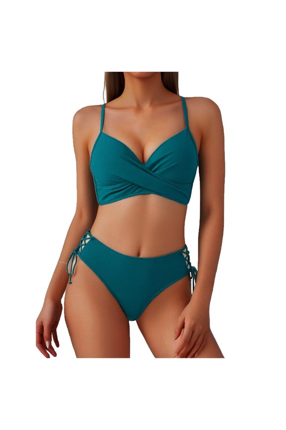 Women's V Neck High Waisted Bikini Sets Adjustable Tie Side Bottoms Push Up Triangle Swimsuit Two Piece Bathing Suit