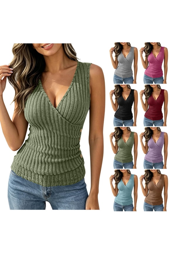 Women's V-Neck Ribbed Tank Tops Side Button Detail Stretch Cami Soft Sleeveless Top for Everyday