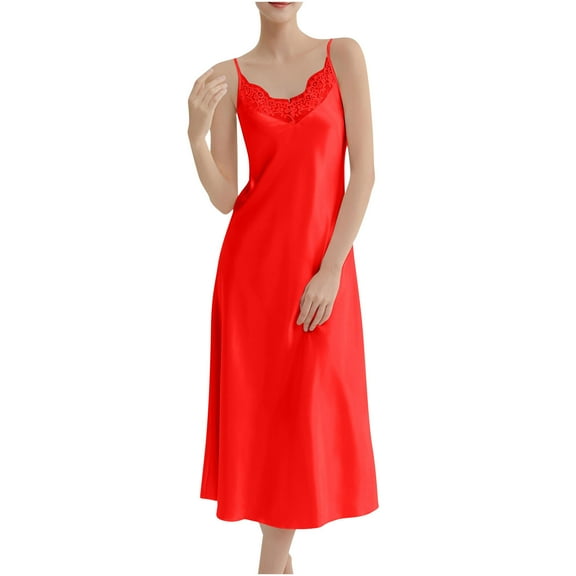 SwiftWear Women's V-Neck Satin Nightgown - Long Length Silk Feel Sleepwear Elegant Lace Trim Lounge Dress for Home Comfort