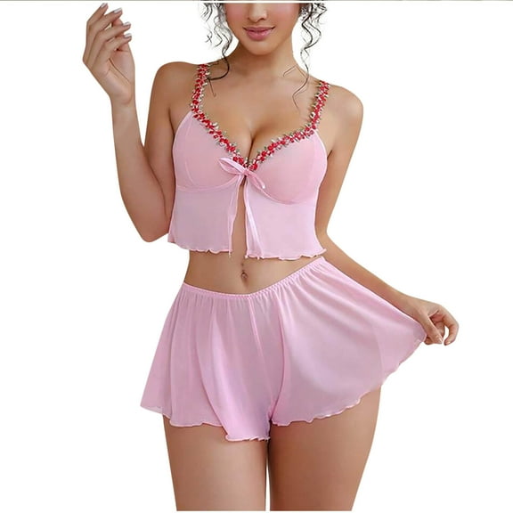 SwiftWear Women's V-Neck Sleeveless Pajama Set - Soft Open Front Sleepwear & Loungewear Cooling Cropped Camisole with Matching Shorts Sleepwear with Ruffle Trim Pink