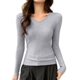 thumbnail image 1 of SwiftWear Women's V-Neck Slim Fit Long Sleeve Shirt Soft Stretch Base Layer Ribbed Knit Thermal Top for Casual and Office Wear, Gray, 1 of 5