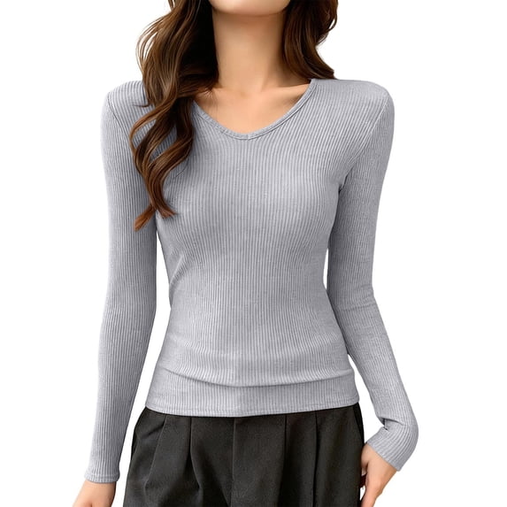 SwiftWear Women's V-Neck Slim Fit Long Sleeve Shirt Soft Stretch Base Layer Ribbed Knit Thermal Top for Casual and Office Wear, Gray