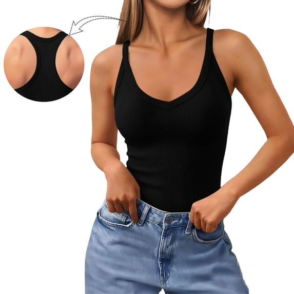 SwiftWear Women's V-Neck Workout Racerback Tank Tops with Built in Bra Sleeveless Basic Crop Top Seamless Support & Stretch Fit for Yoga Gym Casual Wear