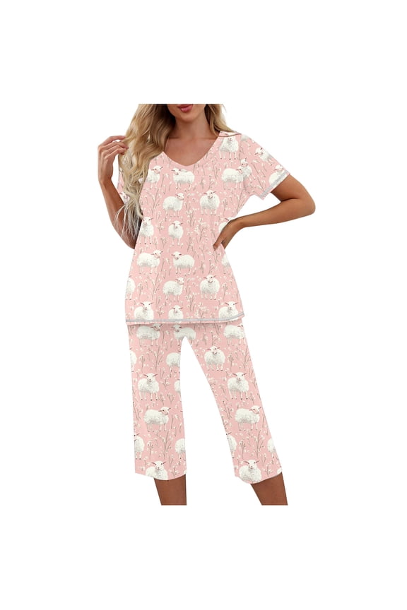 Women's V-neck Summer Pajamas Set Floral Printed Short Sleeve Top + Elastic Waist Capri Pants with Pockets Sleepwear Set: - Comfy Daily Loungewear