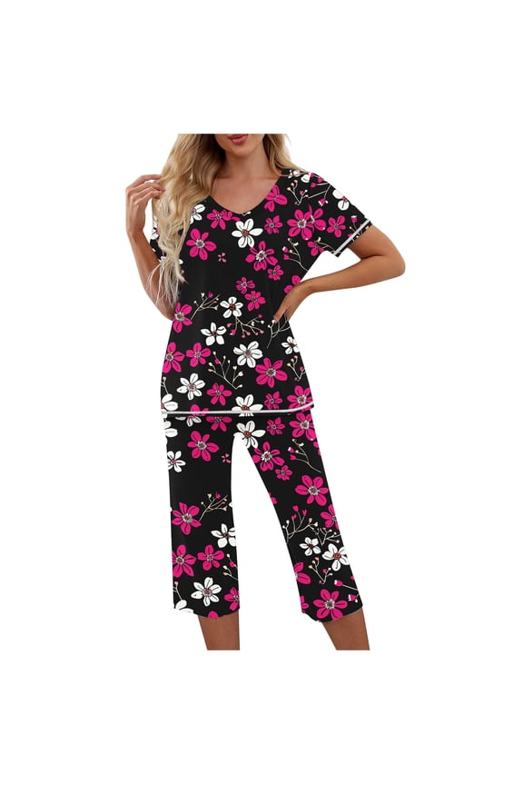 Women's V-neck Summer Pajamas Set Floral Printed Short Sleeve Top + Elastic Waist Capri Pants with Pockets Sleepwear Set: - Comfy Daily Loungewear