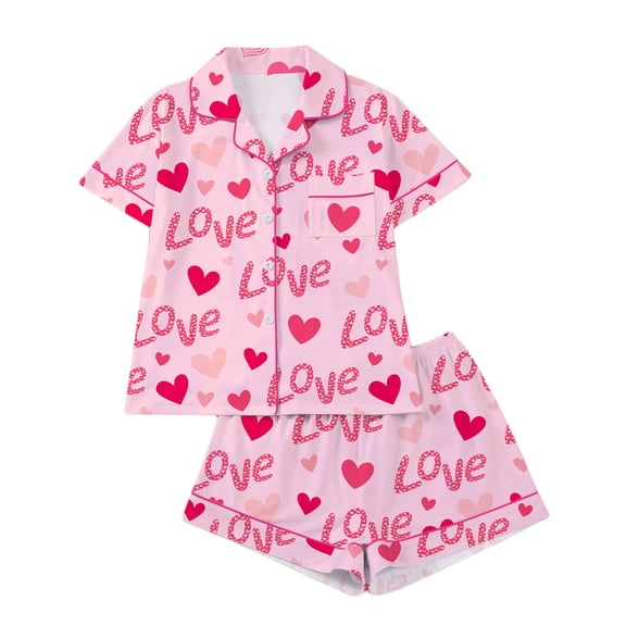SwiftWear Women's Valentine's Day Pajama Set Love Print Sleepwear Lapel Collar Shorts Set Romantic Nightwear Soft Touch Pjs 2 Piece, Pink