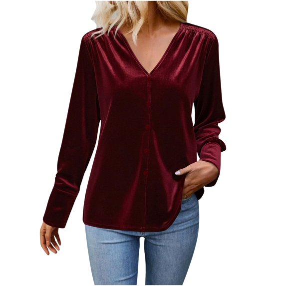 SwiftWear Women's Velvet Blouse V-Neck Long Sleeve Button Down Shirt Soft Casual Elegant Tops Fall Winter Loose Pullover Style Red
