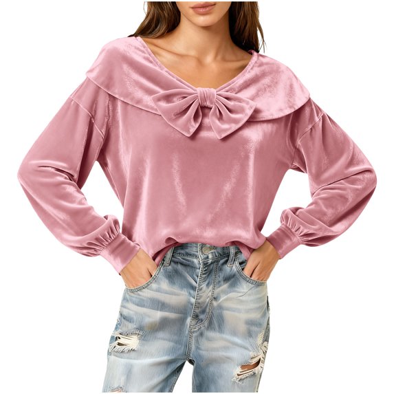 SwiftWear Women's Velvet Bow Blouse Long Sleeve Sweetheart Neck Holiday Party Tops Xmas Valentine's Day Outfit for Date Night & Parties Pink