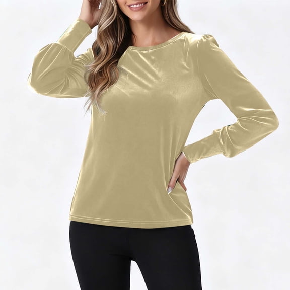 SwiftWear Women's Velvet Puff Sleeve Blouse Casual Long Sleeve Shirt Holiday Elegant Tunic Top Trendy Dressy​ Gold