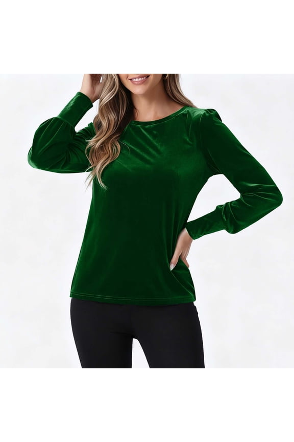 Women's Velvet Puff Sleeve Blouse Casual Long Sleeve Shirt Holiday Elegant Tunic Top Trendy Dressy​ Green