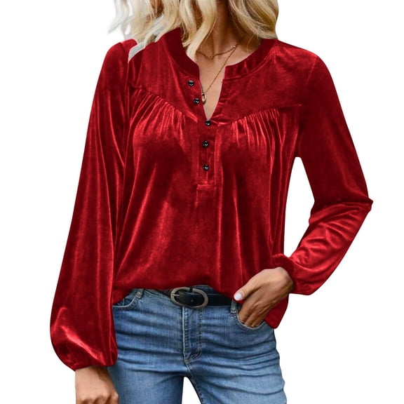 SwiftWear Women's Velvet V Neck Blouse Dressy Casual Long Sleeve Relaxed Fit Tops Trendy for Fall & Winter Red