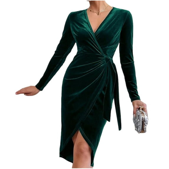 SwiftWear Women's Velvet V-Neck Bodycon Midi Dress with High Slit, Elegant Long Sleeve Wrap Wedding Guest Formal Evening Party Dresses, Green