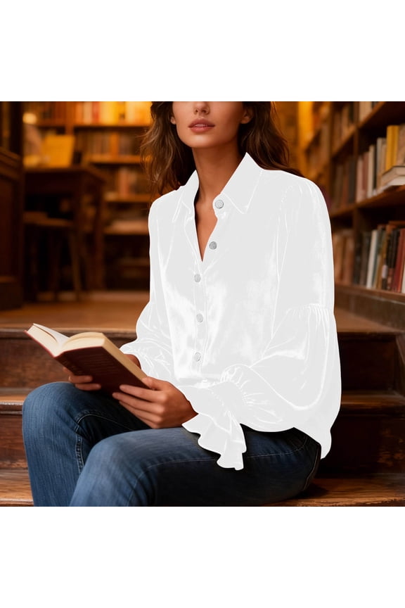 Women's Victorian Velvet Blouse Collar Puff Sleeve Top Button Up Ruffle Cuff Shirt for Retro Elegant Style White