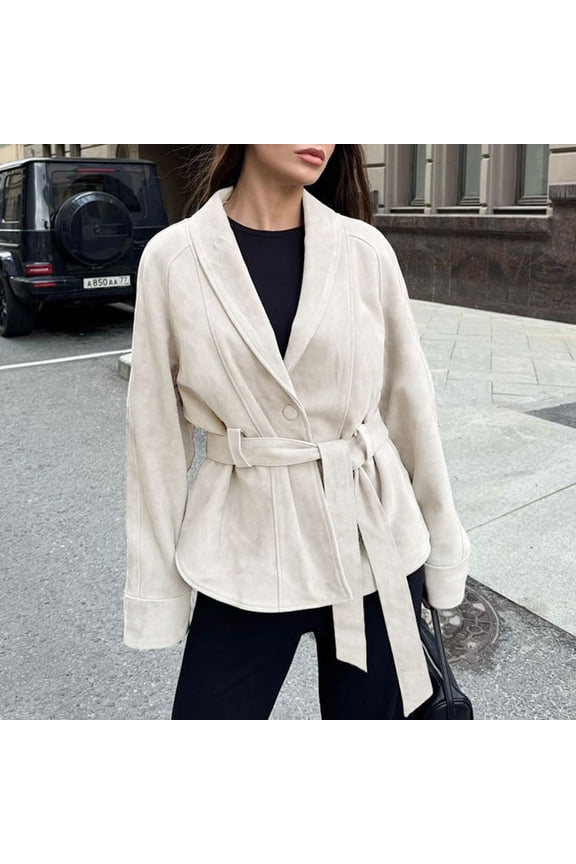 Women's Vintage Faux Suede Jacket Belted Waist Casual Cropped Trench Coat Soft Long Sleeve Elegant Outwear​, Beige