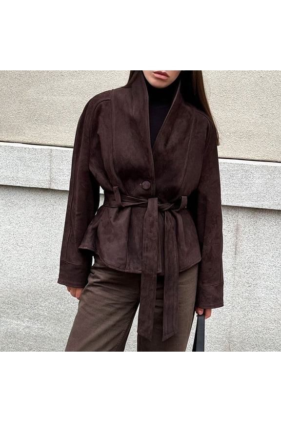 Women's Vintage Faux Suede Jacket Belted Waist Casual Cropped Trench Coat Soft Long Sleeve Elegant Outwear, Brown