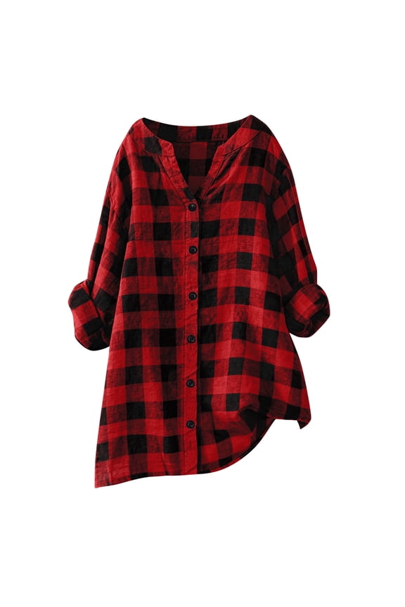 Women's Vintage Plaid Shirt Plus Size Loose Fit V-Neck Tunic Tops Casual Long Sleeve Button Down Blouse Red
