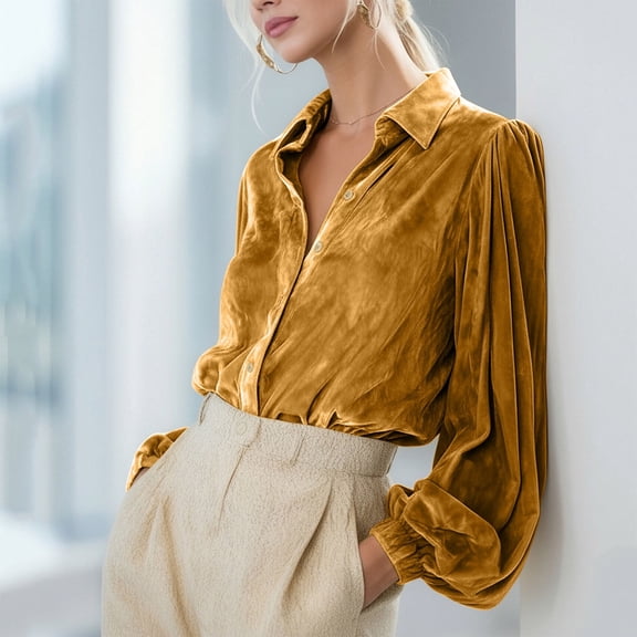 SwiftWear Women's Vintage Velvet Blouse Puff Sleeve Casual Elegant Long Sleeve Button Down Shirt Loose Fit Fall Winter Tops​ Gold