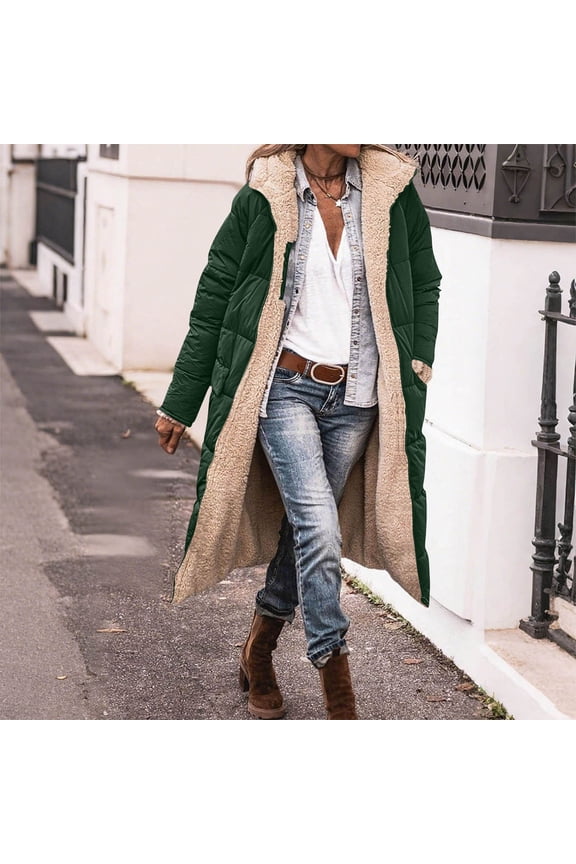 Women's Warm Long Winter Coat Oversized Double Sided Wear Zip Front Hood Sherpa Lined Jacket with Pockets, Casual Outerwear for Cold Weather