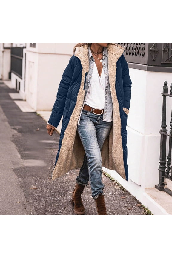 Women's Warm Long Winter Coat Oversized Double Sided Wear Zip Front Hood Sherpa Lined Jacket with Pockets, Casual Outerwear for Cold Weather