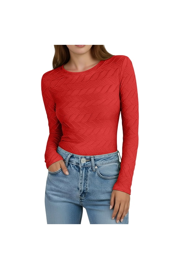 Women's Wave Pattern Blouse Slim Fit Long Sleeve Casual Shirt Basic Top for Daily Outings and Layering​, Red