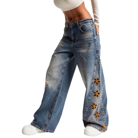 SwiftWear Women's Wide Leg Baggy Jeans with Floral Embroidery Cut-Outs, Casual High-Waisted Vintage Denim Pants Stylish Trendy