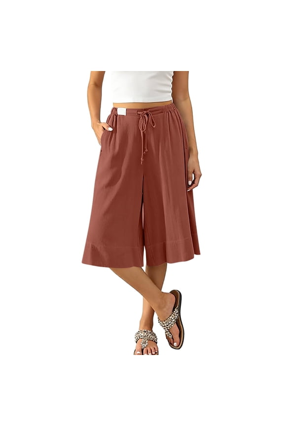 Women's Wide Leg Flowy Capri Pants Palazzo Casual Drawstring Summer Loose Cotton Capris with Pockets