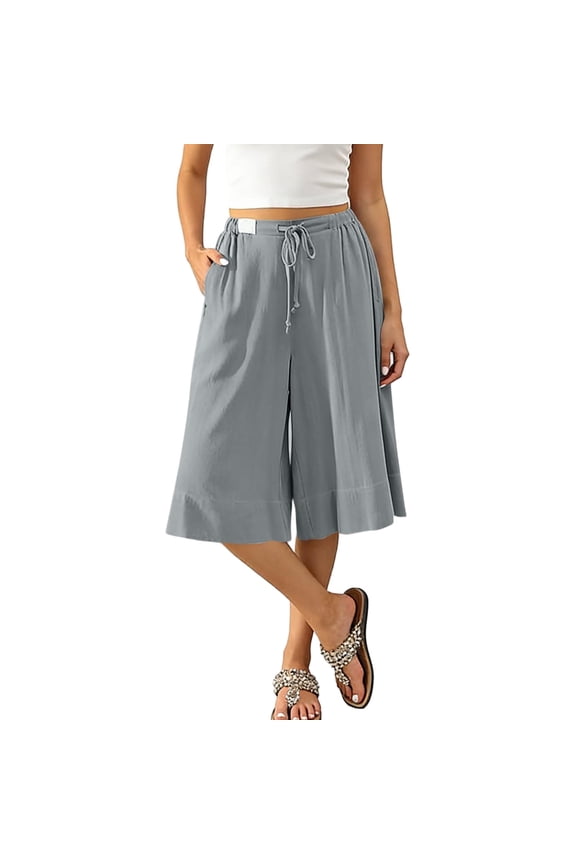 Women's Wide Leg Flowy Capri Pants Palazzo Casual Drawstring Summer Loose Cotton Capris with Pockets