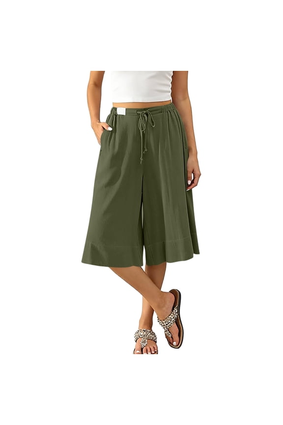 Women's Wide Leg Flowy Capri Pants Palazzo Casual Drawstring Summer Loose Cotton Capris with Pockets