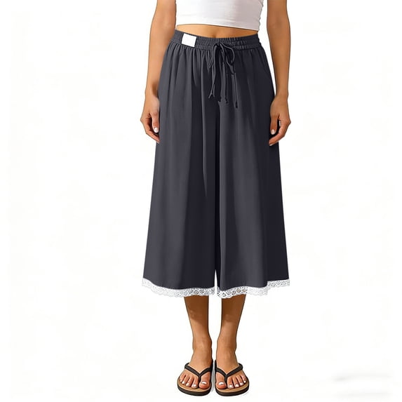 SwiftWear Women's Wide Leg Flowy Capris Elastic Drawstring Waist Cotton Capri Pants with Pockets & Lace Trim, Casual Loose Cropped Trousers